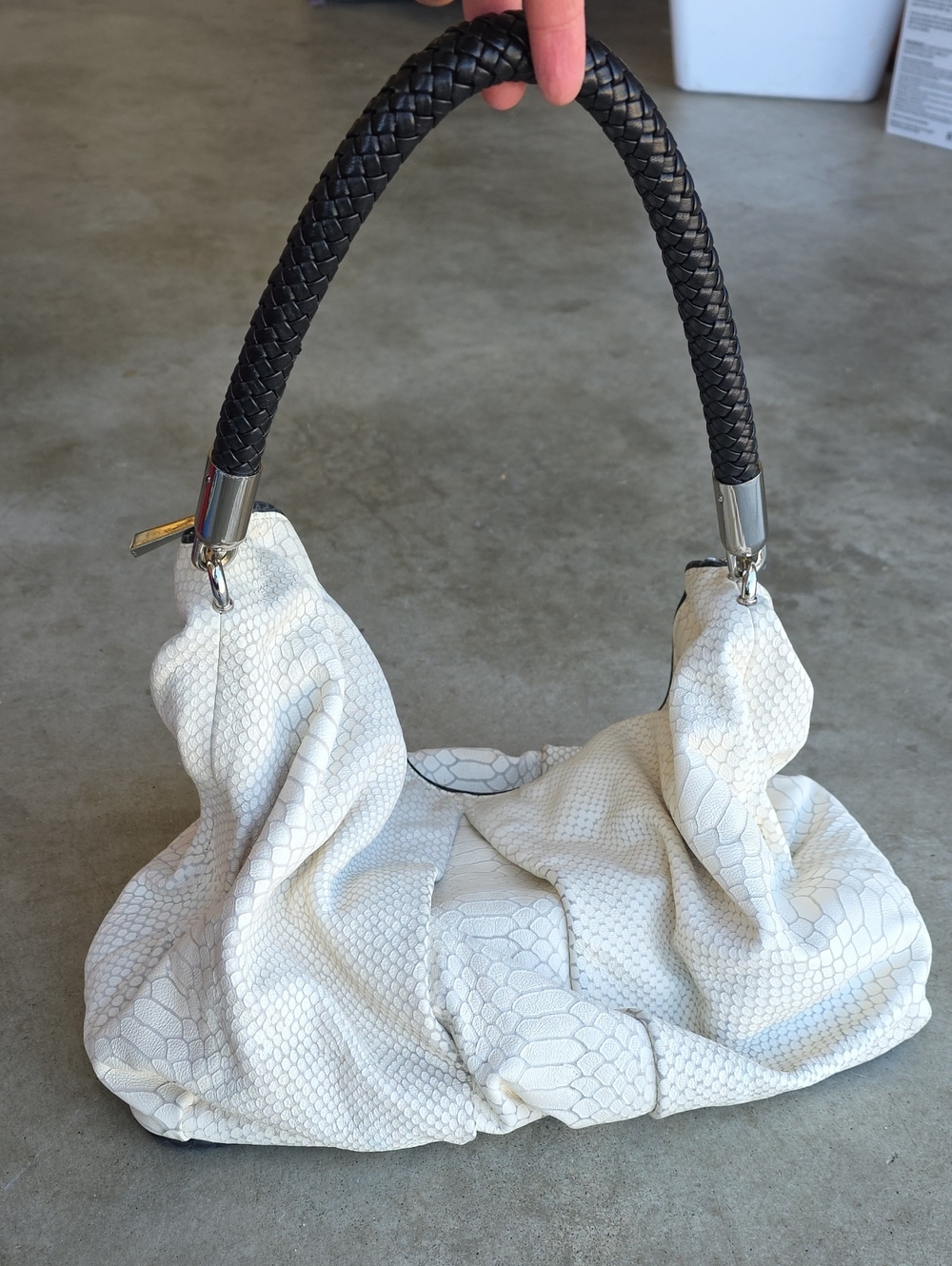 CC Skye White Snake-Embossed Shoulder Bag with Black Braided Handle